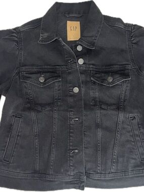 GAP Black Denim Trucker Jacket with Puff Sleeves